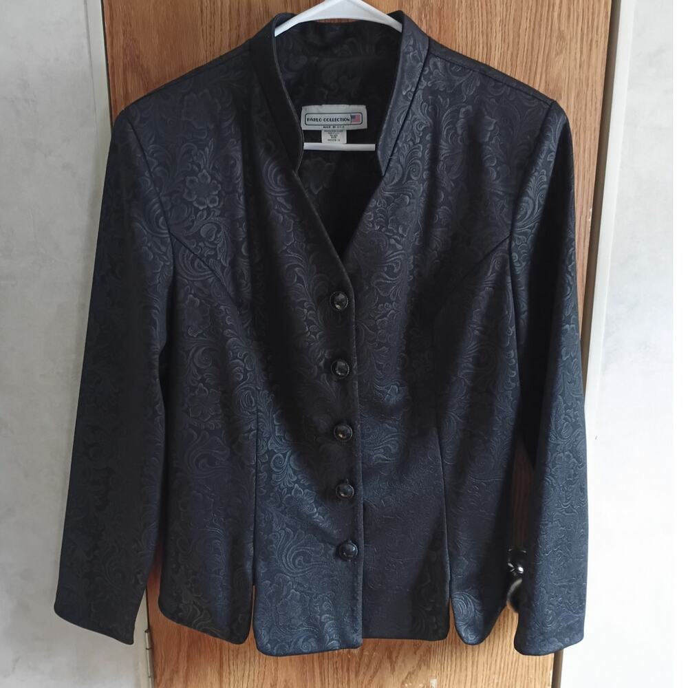 Vintage 80s Black Floral Jacquard Blazer Small Made USA Power Dressing Jacket